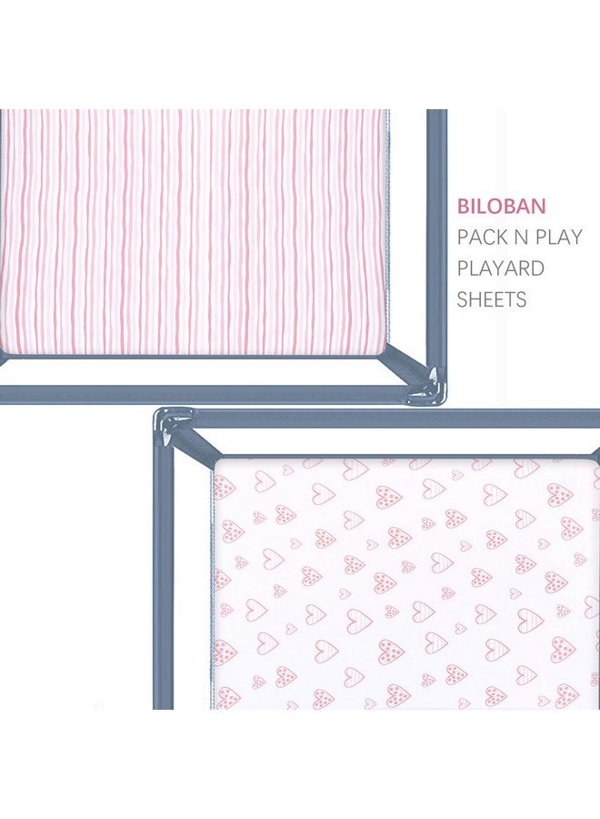 Biloban Square Playard/Playpen Fitted Sheets, Perfect for 36 X 36 Portable Playard, 2 Pack, 100% Jersey Knit Cotton Fitted Sheets, Mild Pink Stripes and Hearts Print for Baby Girls - Image 4