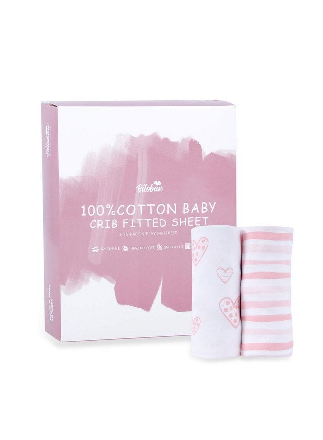 Biloban Square Playard/Playpen Fitted Sheets, Perfect for 36 X 36 Portable Playard, 2 Pack, 100% Jersey Knit Cotton Fitted Sheets, Mild Pink Stripes and Hearts Print for Baby Girls - Image 5