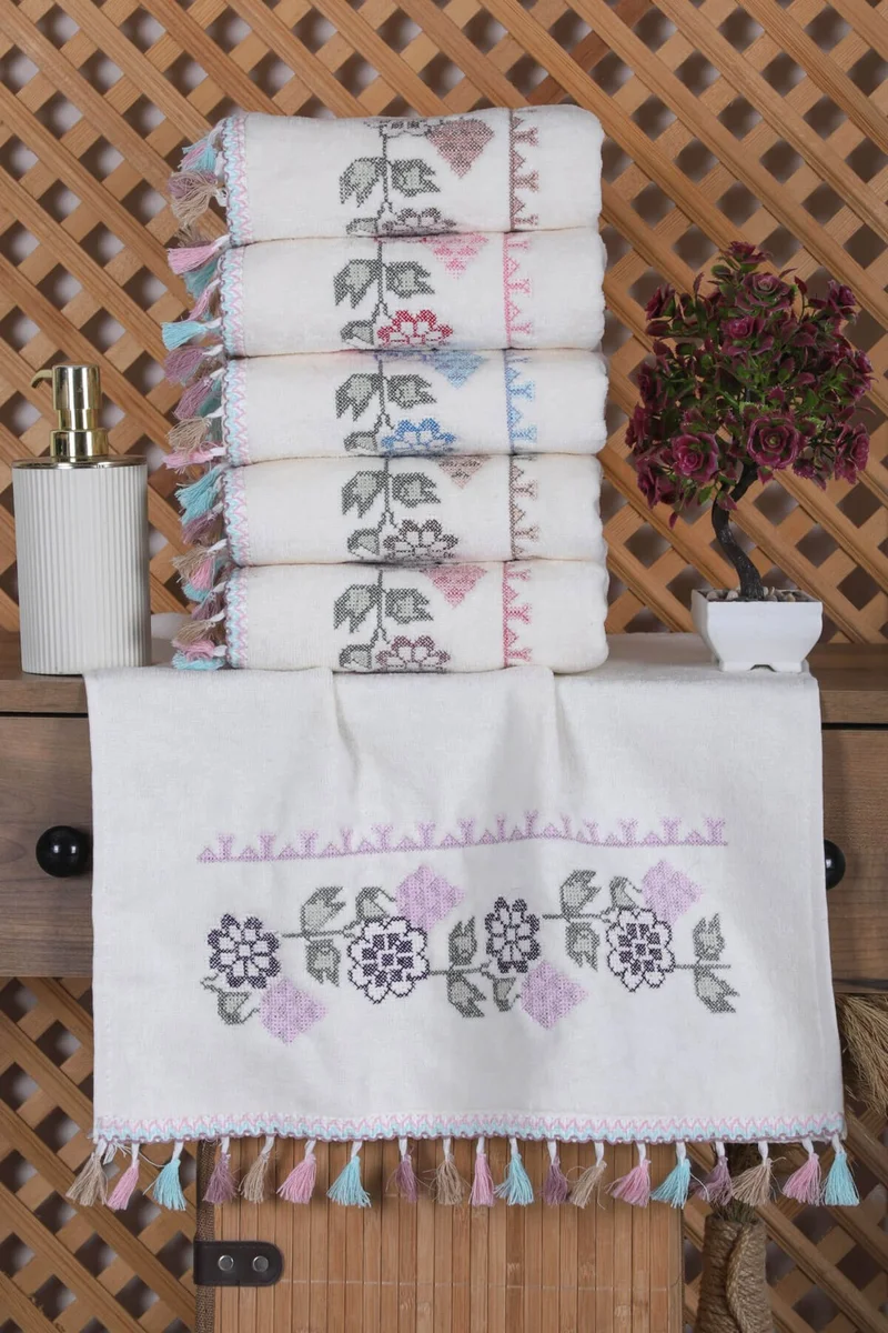 Mira Home 6 Piece Cross Stitch Embroidered Kitchen Towels with Tassels Gift Dowry Flower Kitchen Towel Set 30 x 50 cm