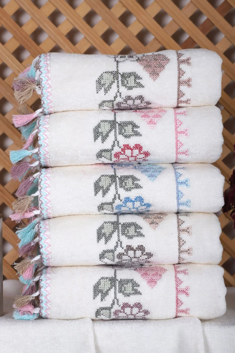Mira Home 6 Piece Cross Stitch Embroidered Kitchen Towels with Tassels Gift Dowry Flower Kitchen Towel Set 30 x 50 cm