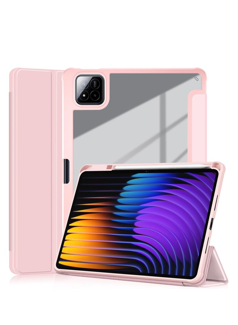 إيفو جراب متوافق مع شاومي باد 7/7 برو 11.2 انش 2024، غطاء رفيع ثلاثي الطيات للحماية من السقوط مع ظهر صلب شفاف وحامل قلم غطاء ذكي مع خاصية التنبيه/السكون التلقائي، وردى - Image 1