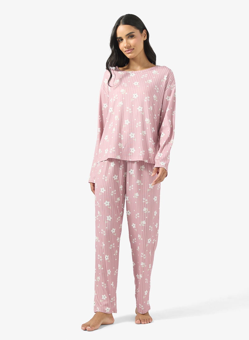 Ginger Ribbed Floral T-shirt & Pyjama Set - Image 1