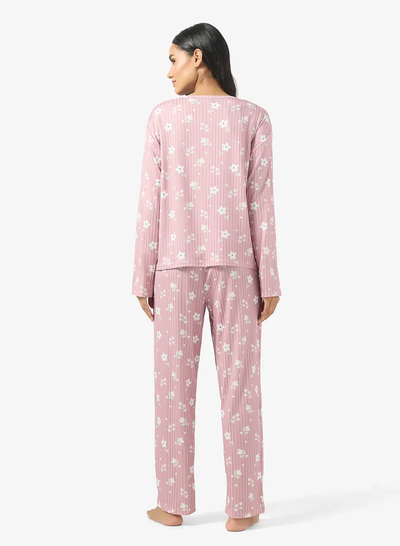 Ginger Ribbed Floral T-shirt & Pyjama Set