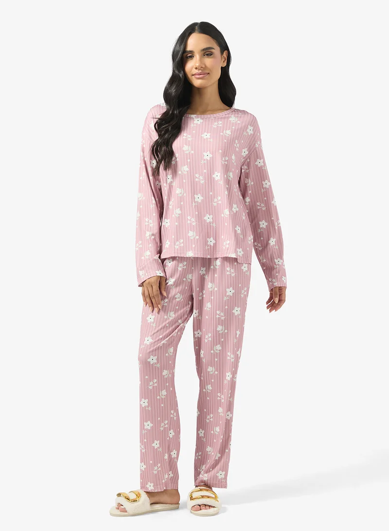 Ginger Ribbed Floral T-shirt & Pyjama Set