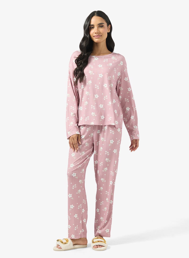 Ginger Ribbed Floral T-shirt & Pyjama Set - Image 5