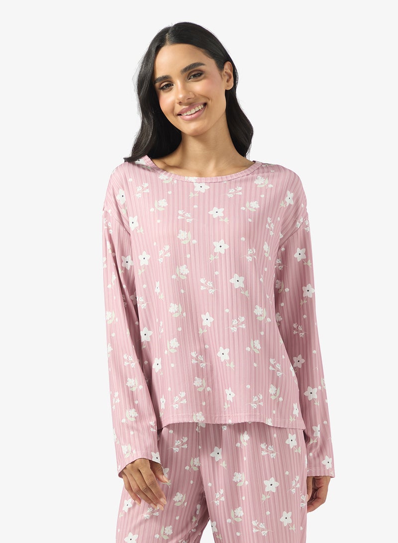 Ginger Ribbed Floral T-shirt & Pyjama Set - Image 3