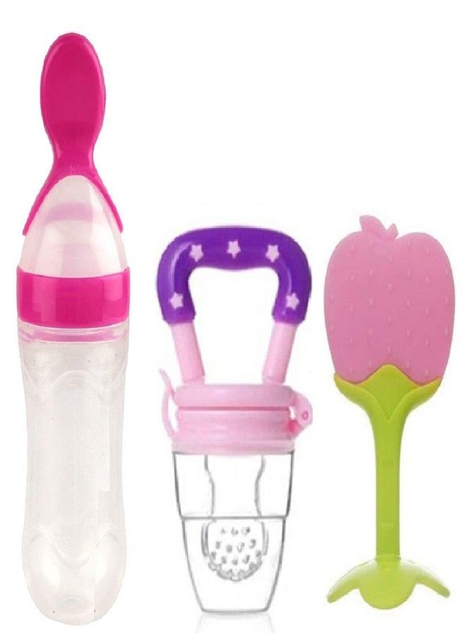 Lappu Baby Rice Paste Milk Cereal Bottle Food Feeder 90ml & Baby Fruit Nibbler & Silicone Teether (Combo Saver Pack) (Pink-Pink-Apple) - Image 1