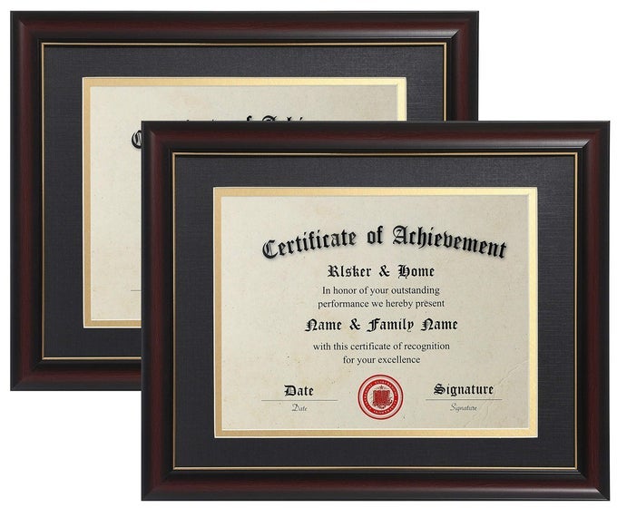 ELSKERHOME 85X11 DIPLOMA FRAME CLASSIC CHERRY WOOD COLOR 20 MM PANELS 85X11 INCH WITH MAT 11X14 INCH WITHOUT MAT FOR DOCUMENTPHOTO 2 PACK MATTE BLACK WITH GOLD RIM
