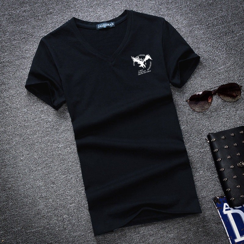 2020 Korean Style Slim-fit V-neck Men's Short-sleeved T-shirt Cotton Printed Youth Men's Large Size - Image 2