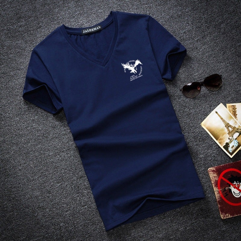 2020 Korean Style Slim-fit V-neck Men's Short-sleeved T-shirt Cotton Printed Youth Men's Large Size - Image 3