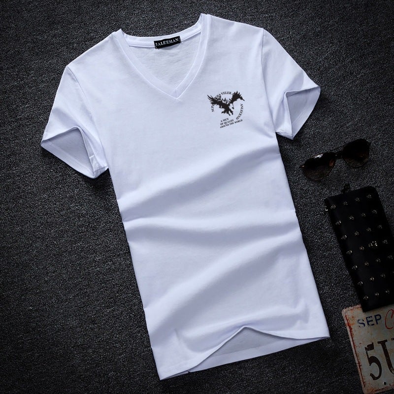 2020 Korean Style Slim-fit V-neck Men's Short-sleeved T-shirt Cotton Printed Youth Men's Large Size - Image 5