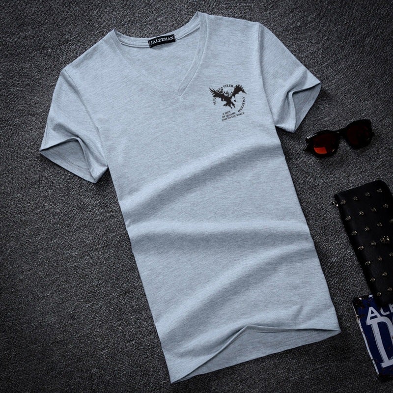 2020 Korean Style Slim-fit V-neck Men's Short-sleeved T-shirt Cotton Printed Youth Men's Large Size - Image 1