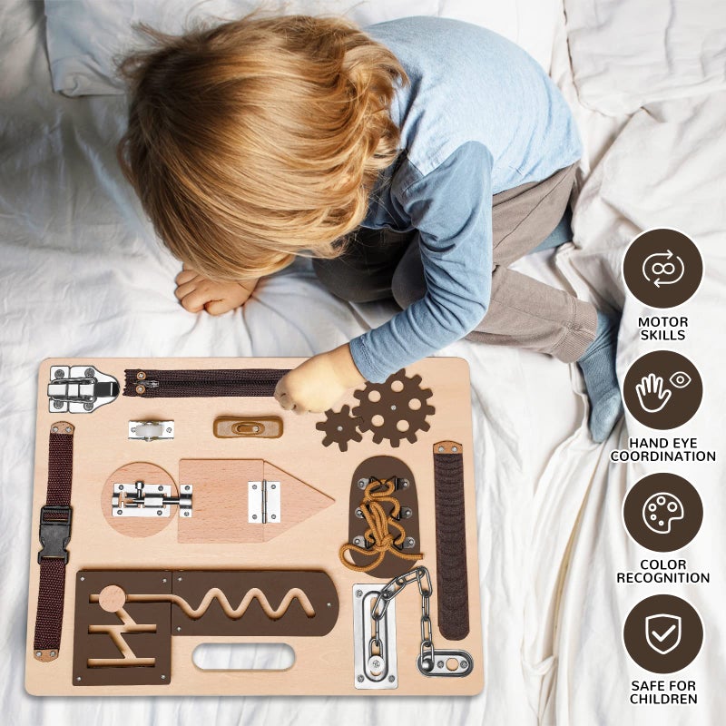 ABERLLS Montessori Busy Board for Toddlers, Wooden Sensory Toys, Preschool Learning Activities for Fine Motor Skills Travel Toy, Basic Life Skills Educational Gifts for 1, 2, 3 Years Old Kids Boys Girls - Image 4