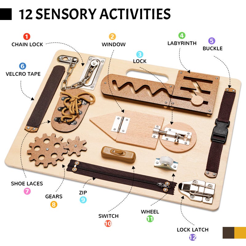ABERLLS Montessori Busy Board for Toddlers, Wooden Sensory Toys, Preschool Learning Activities for Fine Motor Skills Travel Toy, Basic Life Skills Educational Gifts for 1, 2, 3 Years Old Kids Boys Girls - Image 3