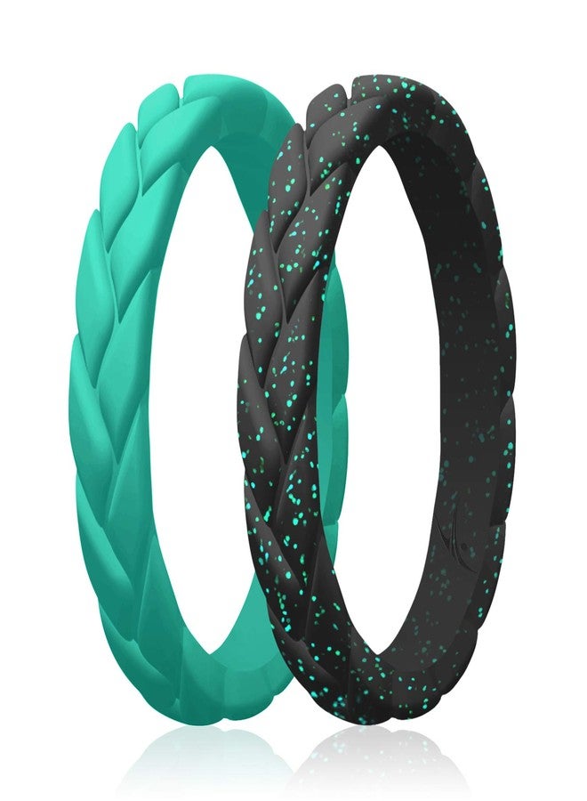 ROQ Silicone Rings for Women Thin Womens Silicone Rubber Wedding Rings Bands - Bridal Jewelry Set Promise Rings Anniversary Rings - Teal, Black with Teal Glitter Colors - Size 9 - Image 1