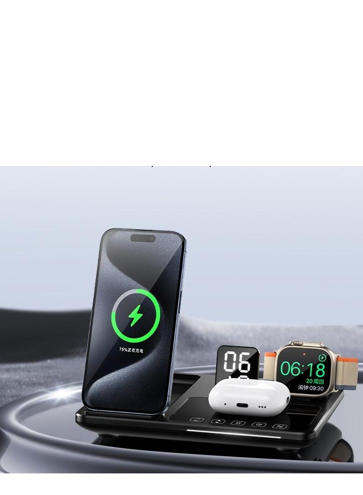 4-in-1 Foldable Wireless Charging 15W Support Fast Charging and Intelligent Identification of Devices for Three Devices at the Same Time and a Clock Indicator Support all Kinds of Phones R11S (Black) - Image 1