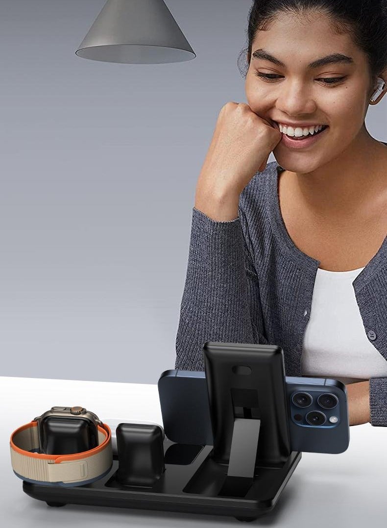 4-in-1 Foldable Wireless Charging 15W Support Fast Charging and Intelligent Identification of Devices for Three Devices at the Same Time and a Clock Indicator Support all Kinds of Phones R11S (Black) - Image 2