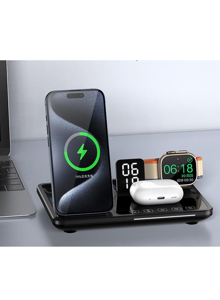 4-in-1 Foldable Wireless Charging 15W Support Fast Charging and Intelligent Identification of Devices for Three Devices at the Same Time and a Clock Indicator Support all Kinds of Phones R11S (Black) - Image 4