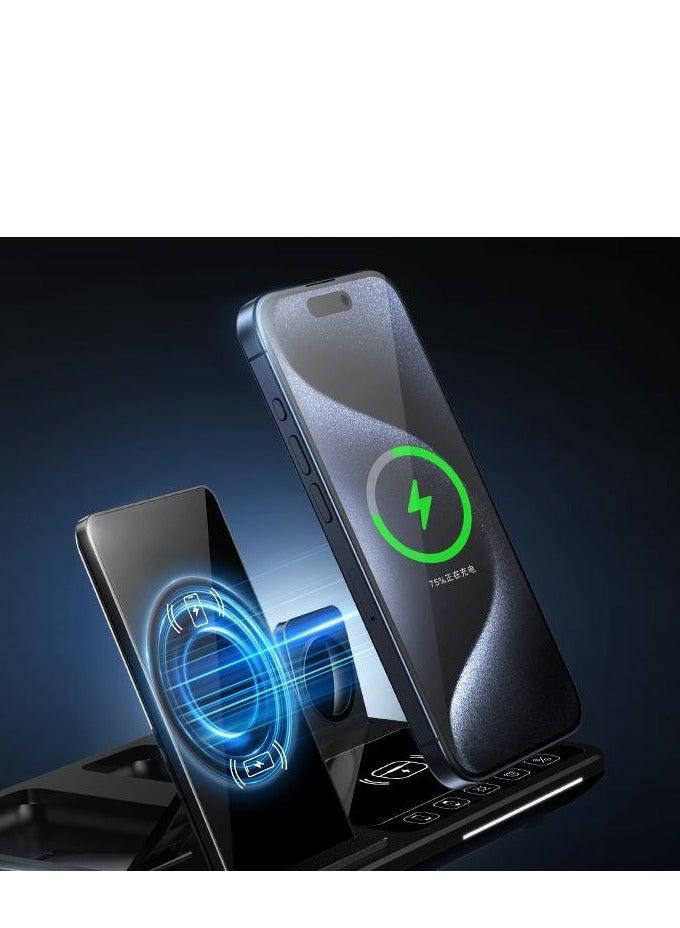 4-in-1 Foldable Wireless Charging 15W Support Fast Charging and Intelligent Identification of Devices for Three Devices at the Same Time and a Clock Indicator Support all Kinds of Phones R11S (Black) - Image 5
