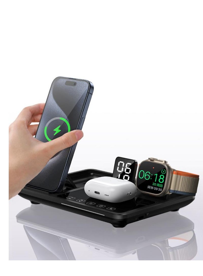 4-in-1 Foldable Wireless Charging 15W Support Fast Charging and Intelligent Identification of Devices for Three Devices at the Same Time and a Clock Indicator Support all Kinds of Phones R11S (Black) - Image 3