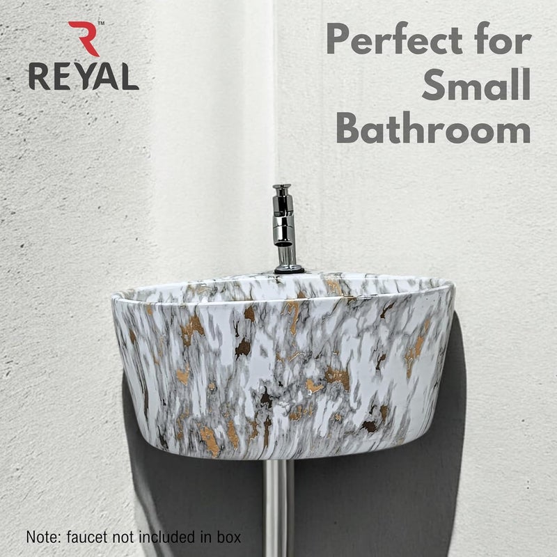 Reyal Premium Ceramic Triangular Corner Wash basin For Bathroom 14 x 13 x 6 Inch Ceramic Tabletop BasinBathroom BasinWall Mount BasinSmall Corner Basin White with Gold Glossy - Image 2