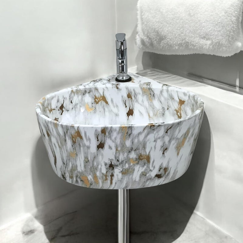 Reyal Premium Ceramic Triangular Corner Wash basin For Bathroom 14 x 13 x 6 Inch Ceramic Tabletop BasinBathroom BasinWall Mount BasinSmall Corner Basin White with Gold Glossy - Image 1