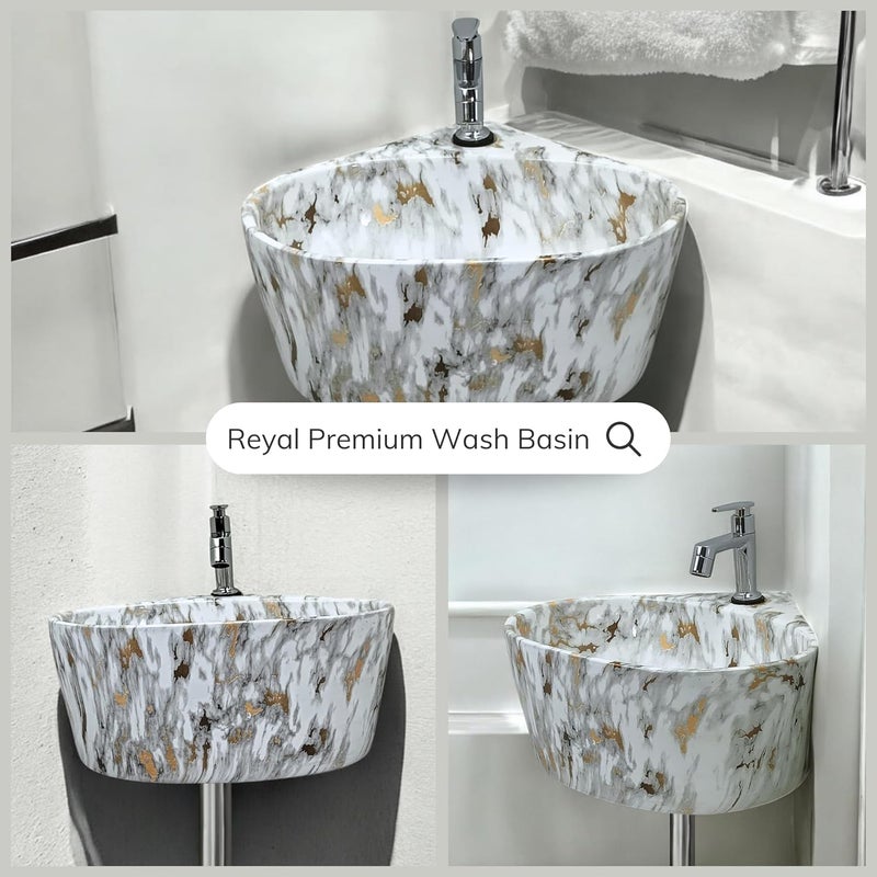 Reyal Premium Ceramic Triangular Corner Wash basin For Bathroom 14 x 13 x 6 Inch Ceramic Tabletop BasinBathroom BasinWall Mount BasinSmall Corner Basin White with Gold Glossy - Image 5
