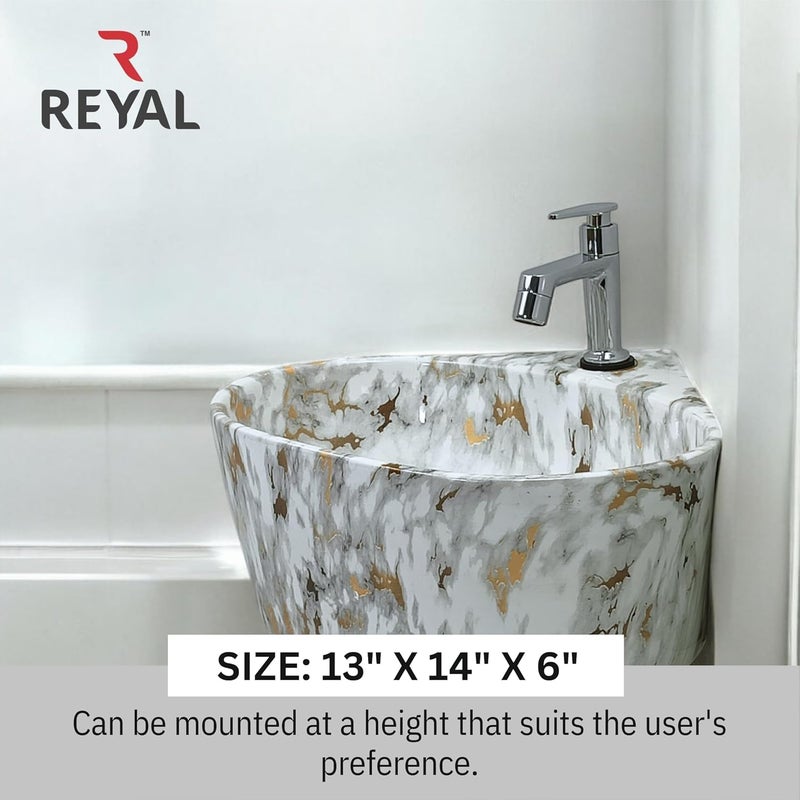 Reyal Premium Ceramic Triangular Corner Wash basin For Bathroom 14 x 13 x 6 Inch Ceramic Tabletop BasinBathroom BasinWall Mount BasinSmall Corner Basin White with Gold Glossy - Image 3