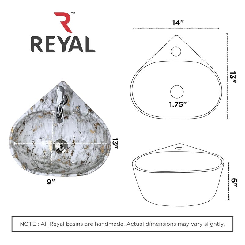 Reyal Premium Ceramic Triangular Corner Wash basin For Bathroom 14 x 13 x 6 Inch Ceramic Tabletop BasinBathroom BasinWall Mount BasinSmall Corner Basin White with Gold Glossy - Image 4