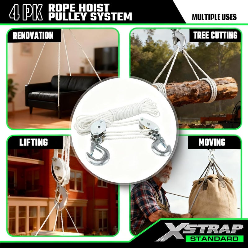 XSTRAP STANDARD حبل رفع عالي الجودة من ، سعة تحمل 2000 رطل، قوة انكسار 50 قدمًا، مزود بكتلة لتحمل الأوزان بوزن 1000 رطل ونظام بكرات لرفع الأوزان الثقيلة (لون أبيض). - Image 2