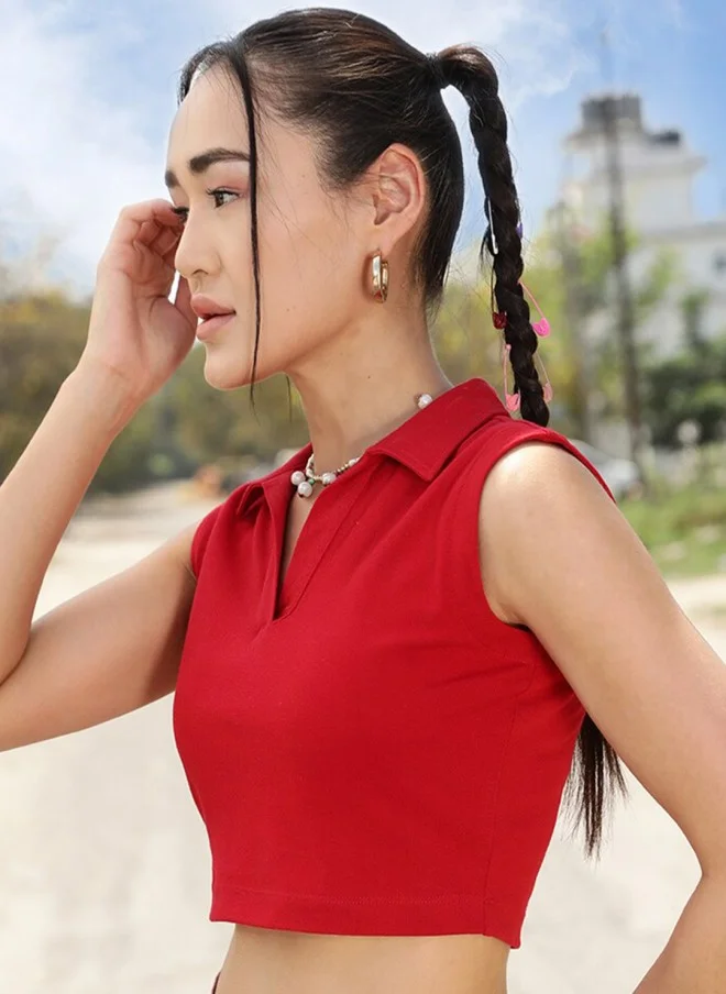STREET 9 BASICS Red Polo Collar Sleeveless Crop T-Shirt for Women