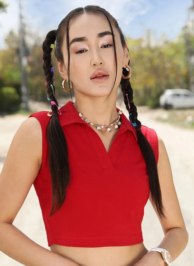 STREET 9 BASICS Red Polo Collar Sleeveless Crop T-Shirt for Women