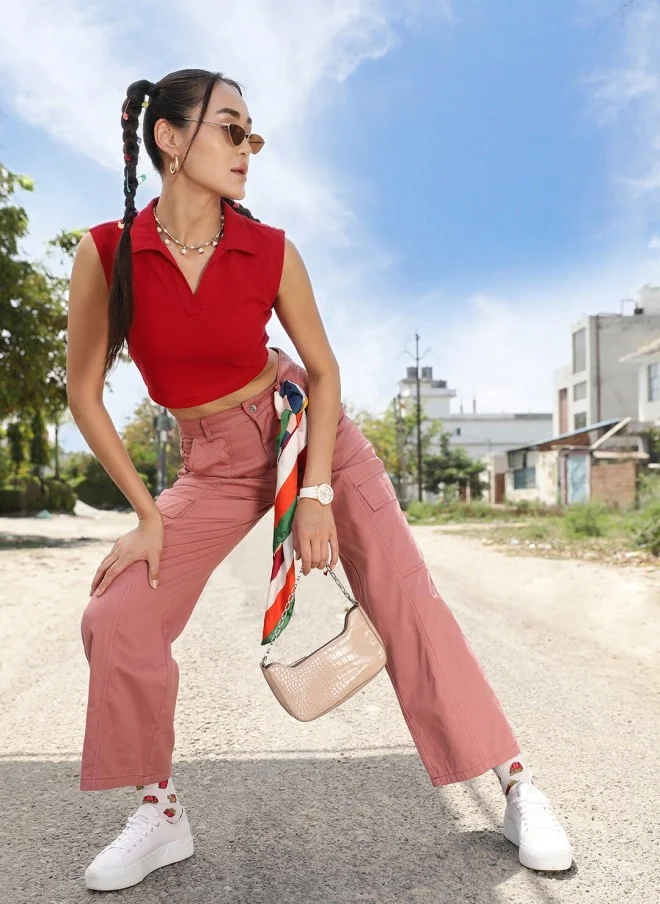 STREET 9 BASICS Red Polo Collar Sleeveless Crop T-Shirt for Women