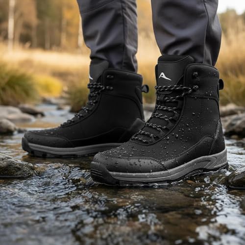 FUDYNMALC Mens Hiking Boots Waterproof: Lightweight Mid Ankle Work Boots Non-Slip Outdoor Shoes for Trekking Walking, Black, Size 11 - Image 3