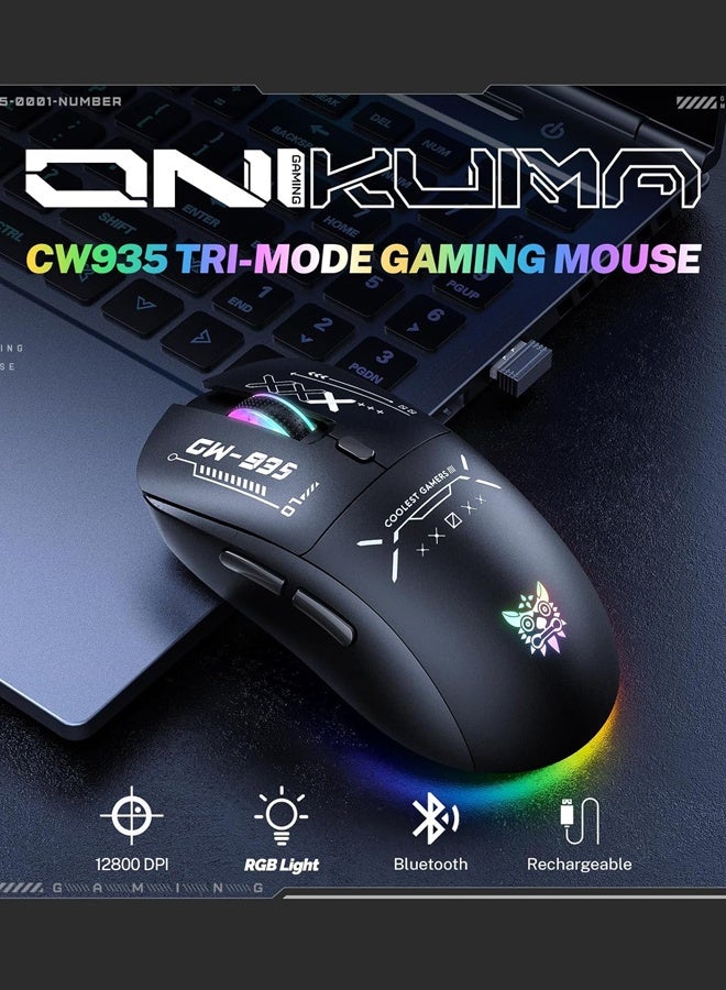 onikuma CW935 Wireless Gaming Mouse, Tri-Mode 2.4G/Bluetooth/USB-C, 12800 DPI Adjustable, 79g Lightweight, 500mAh Rechargeable, for PC Gaming/Laptop/Mac,Black - Image 2