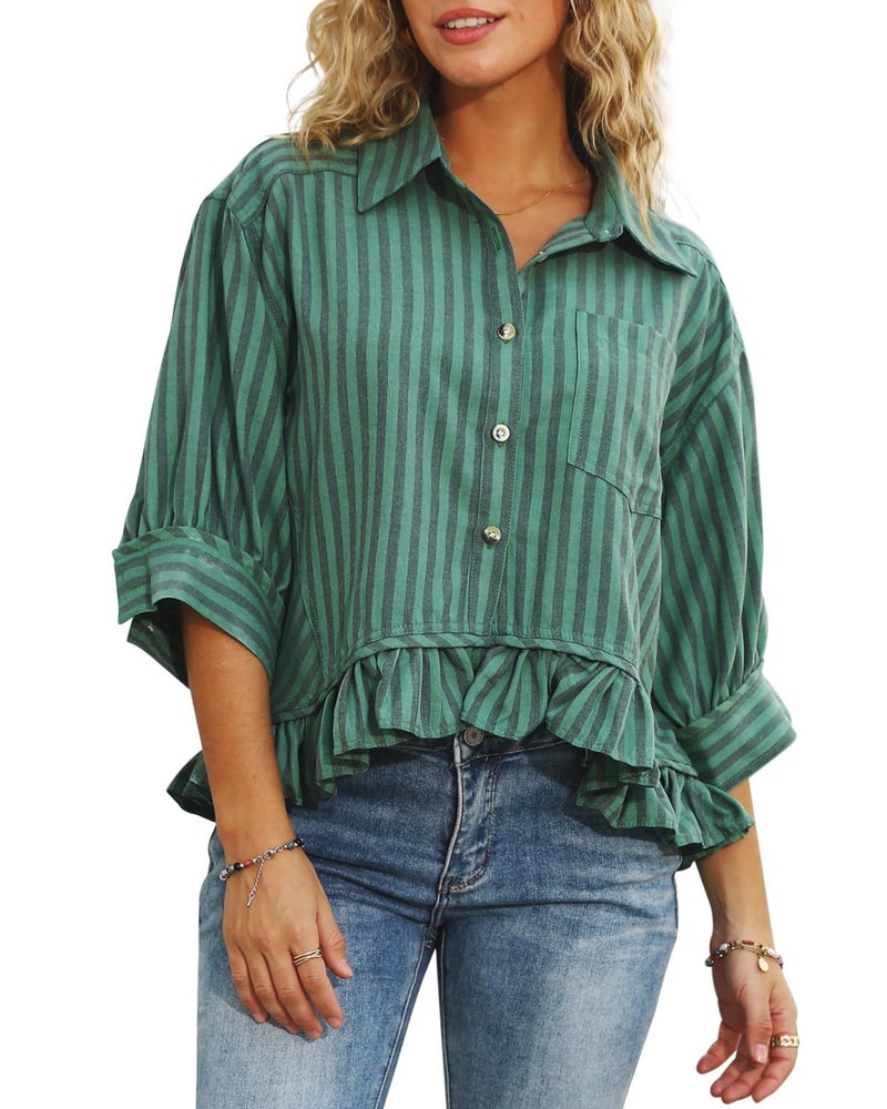 CHYRII Womens Summer Tops Dressy Casual Blouse Top Ruffled Short Sleeve Button Down Striped Shirt Wash Green M - Image 1