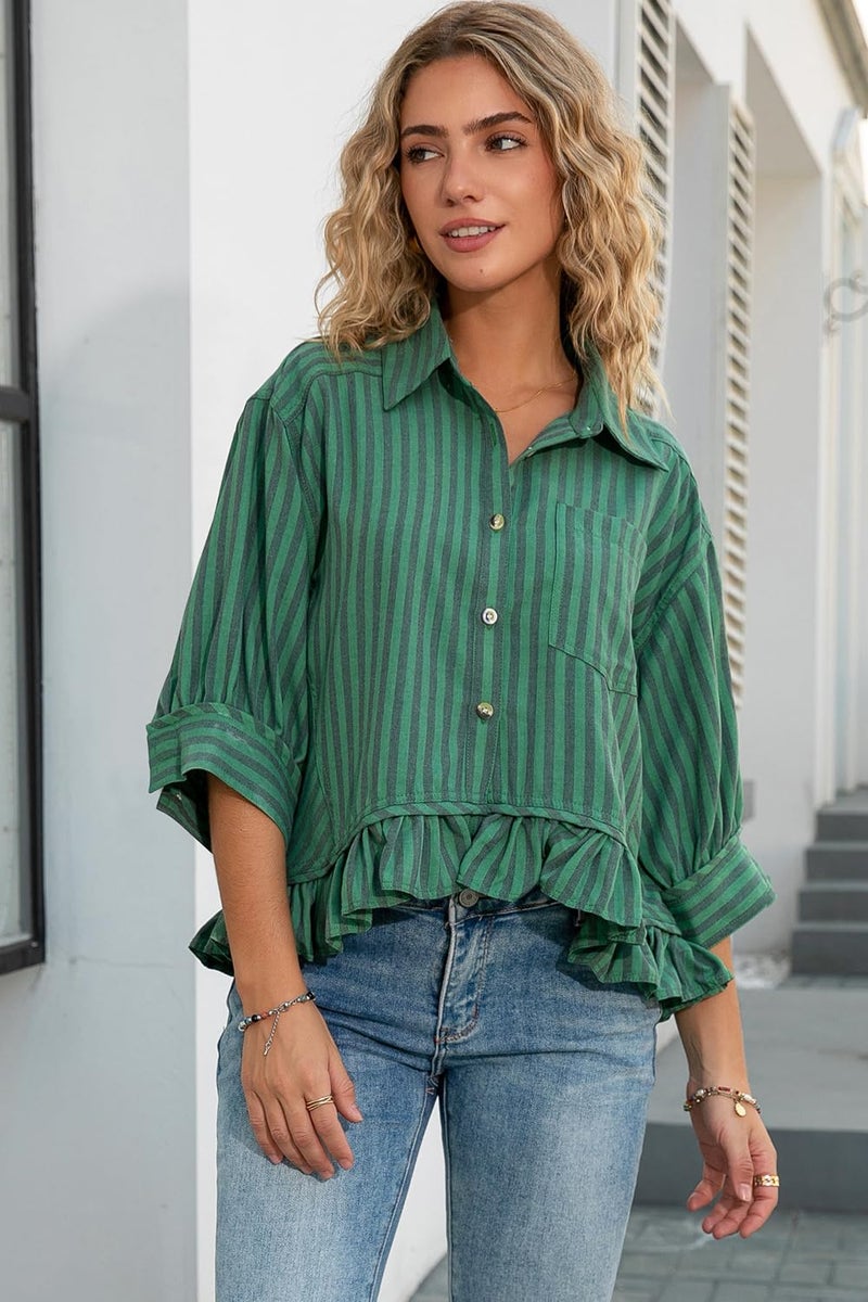 CHYRII Womens Summer Tops Dressy Casual Blouse Top Ruffled Short Sleeve Button Down Striped Shirt Wash Green M - Image 3