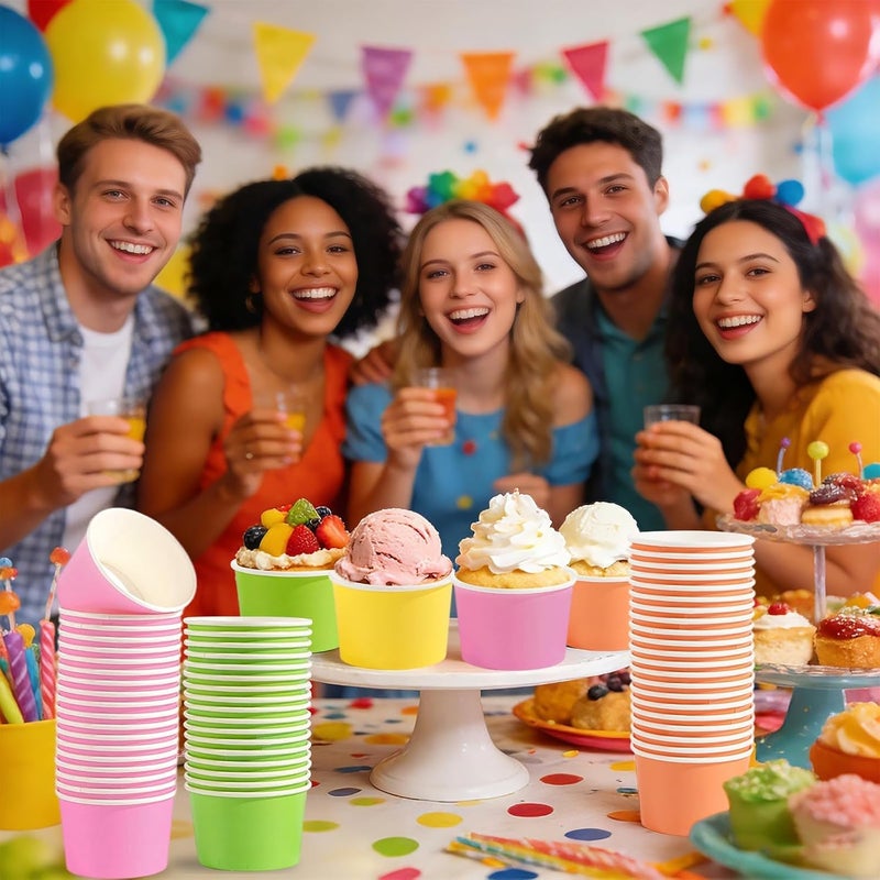 120 كوب آيس كريم ملون استوائي سعة 12 أونصة، أوعية حلوى ووجبات خفيفة ورقية ملونة يمكن التخلص منها، حاويات زبادي طعام نيون للحفلات، مستلزمات حفلات الطعام والحساء والحلوى وعيد الميلاد والزفاف وعيد الفصح - Image 5