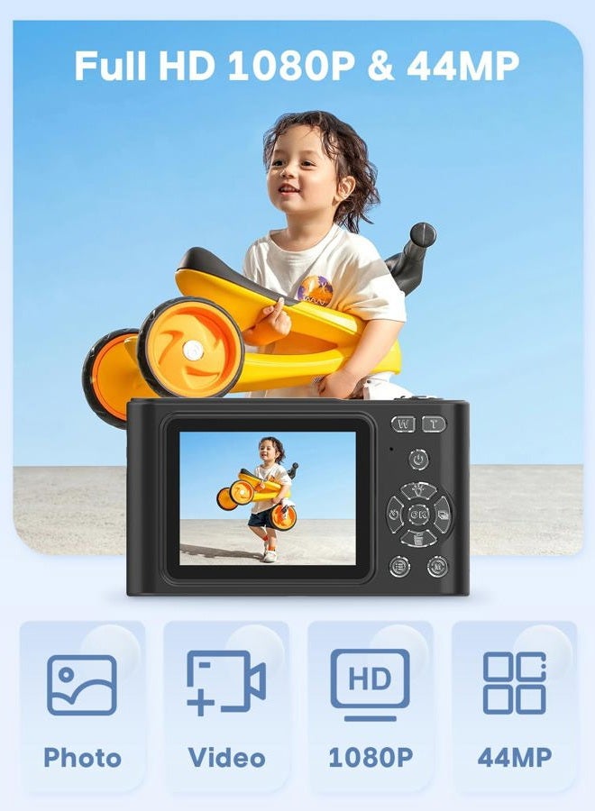 BEARBISU Digital Camera, 44MP Full HD 1080P Point and Shoot Camera with 64GB Card, Anti Shake 16X Zoom Compact Volg Cameras, Portable Small Camara Gift for Kids, Ages Teen Girl Boy - Black - Image 2