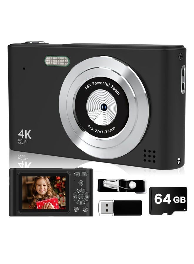 BEARBISU Digital Camera, 44MP Full HD 1080P Point and Shoot Camera with 64GB Card, Anti Shake 16X Zoom Compact Volg Cameras, Portable Small Camara Gift for Kids, Ages Teen Girl Boy - Black - Image 1
