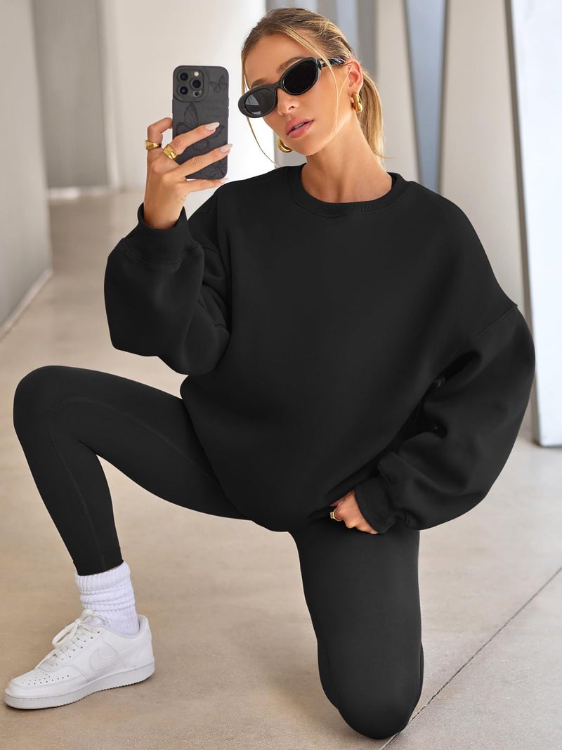 EFAN Womens Sweatshirts Hoodies Oversized Sweaters Crewneck Fleece Casual Tops Basic Comfy Fall Fashion Clothes 2025 Plus Size Maternity Workout Lounge Wear Winter Outfits Black S - Image 3