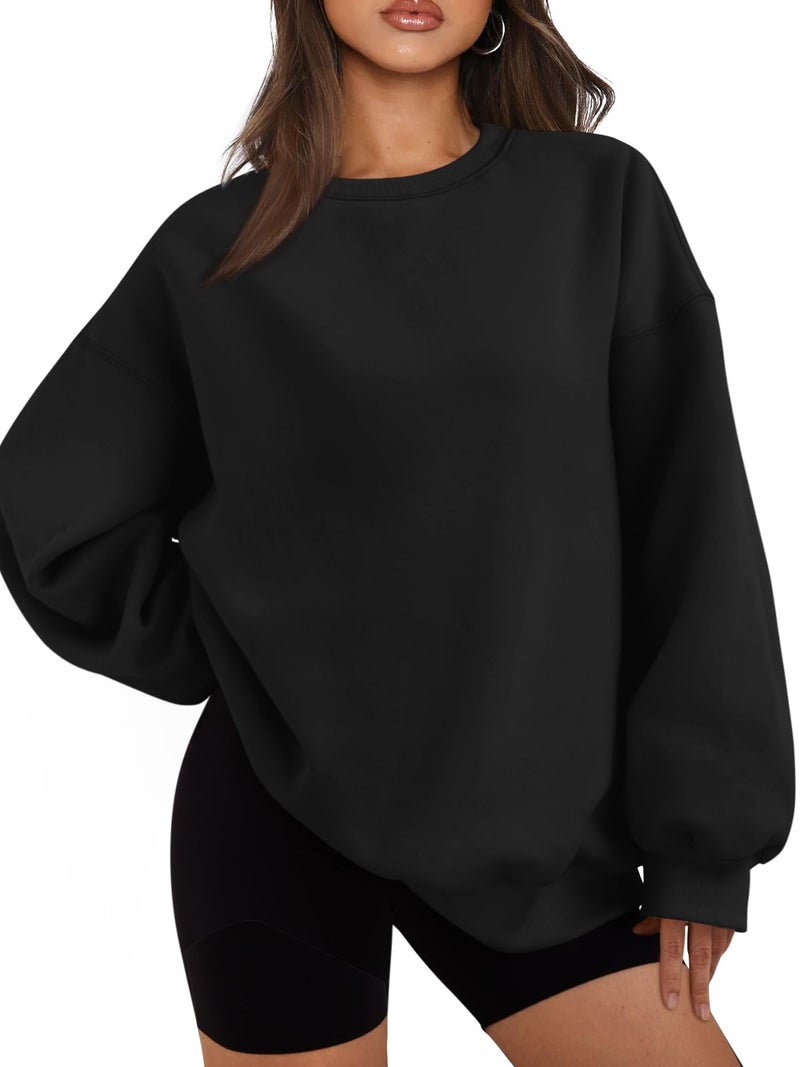 EFAN Womens Sweatshirts Hoodies Oversized Sweaters Crewneck Fleece Casual Tops Basic Comfy Fall Fashion Clothes 2025 Plus Size Maternity Workout Lounge Wear Winter Outfits Black S - Image 1