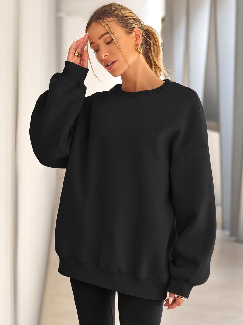 EFAN Womens Sweatshirts Hoodies Oversized Sweaters Crewneck Fleece Casual Tops Basic Comfy Fall Fashion Clothes 2025 Plus Size Maternity Workout Lounge Wear Winter Outfits Black S - Image 2