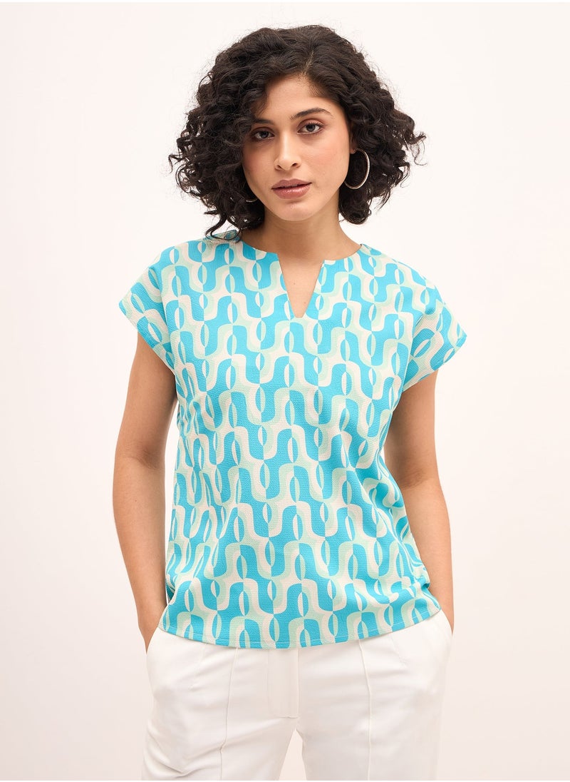 Salt Attire Women's Multi-Color Geometric Pattern Top with Split V-Neckline, Relaxed Fit and Dropped Shoulders for Effortless Style and Comfort  - Image 1