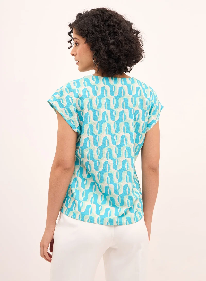 Salt Attire Women's Multi-Color Geometric Pattern Top with Split V-Neckline, Relaxed Fit and Dropped Shoulders for Effortless Style and Comfort