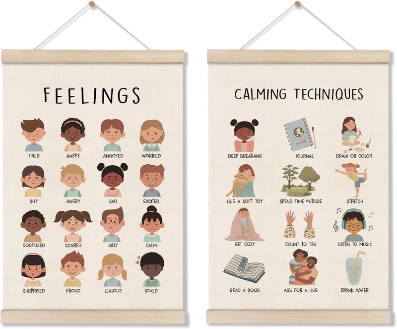 DOILANEE Feelings Chart, Emotions Learning Posters for Toddler, Mental Health Posters Hanger Frame, Set of 2 Kids Montessori Educational Artwork, Canvas Wall Art Decor for Counseling Office 16x12 Inch - Image 1