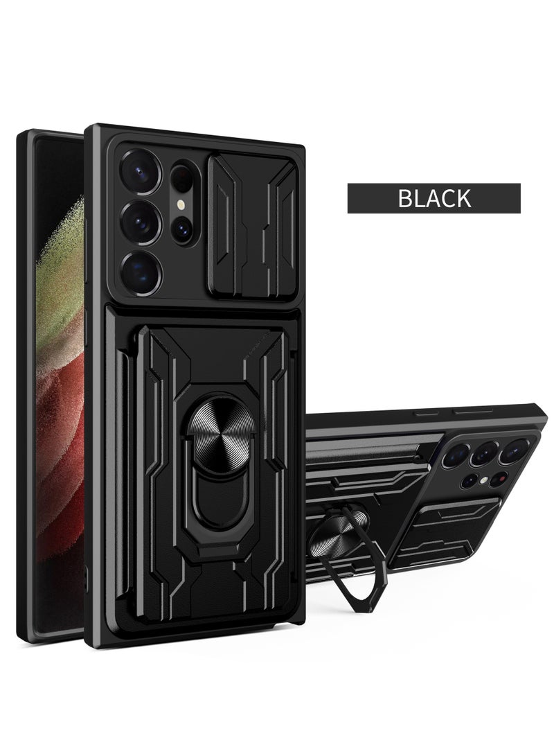 for Samsung Galaxy S24 Ultra Case, Card Holder & Slide Camera Lens Cover, Magnetic Ring Holder Kickstand Protective Phone Case for Samsung Galaxy S24 Ultra, Black - Image 1