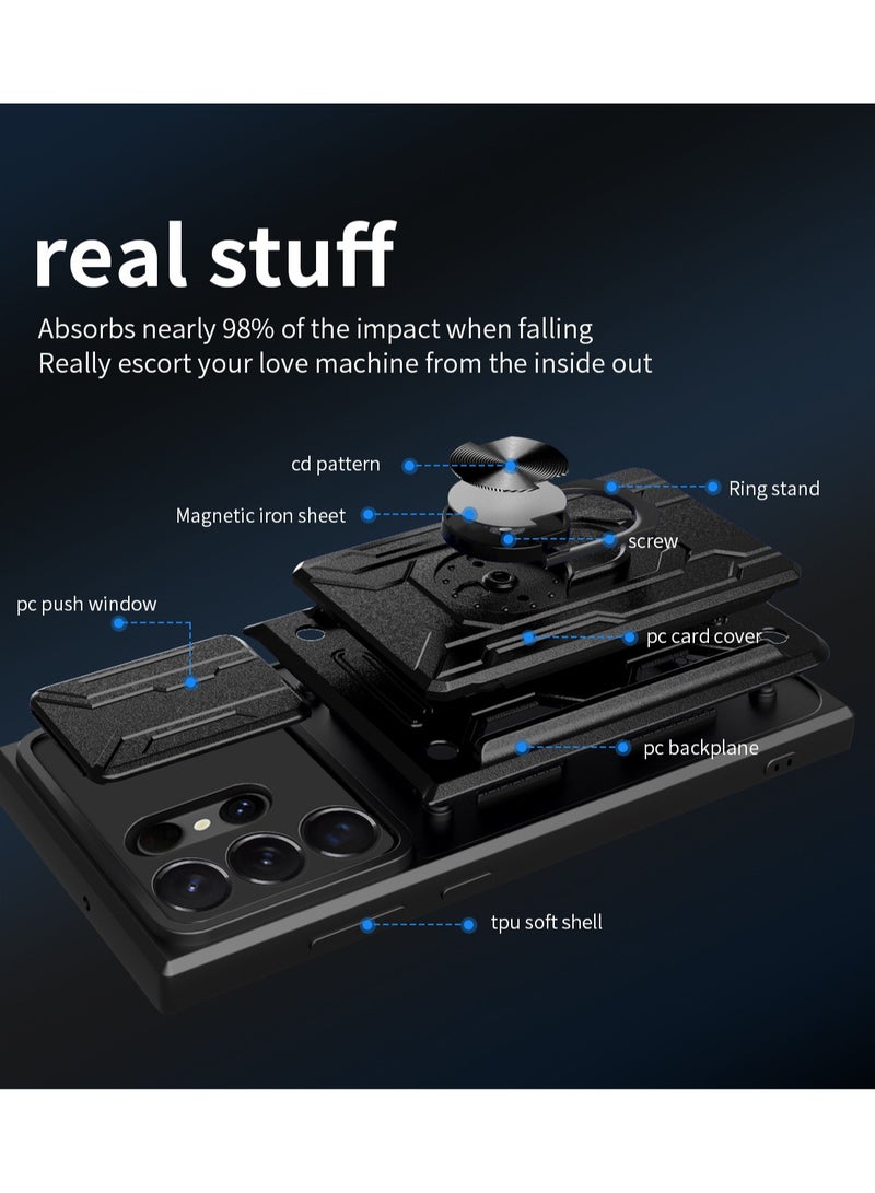 for Samsung Galaxy S24 Ultra Case, Card Holder & Slide Camera Lens Cover, Magnetic Ring Holder Kickstand Protective Phone Case for Samsung Galaxy S24 Ultra, Black - Image 3