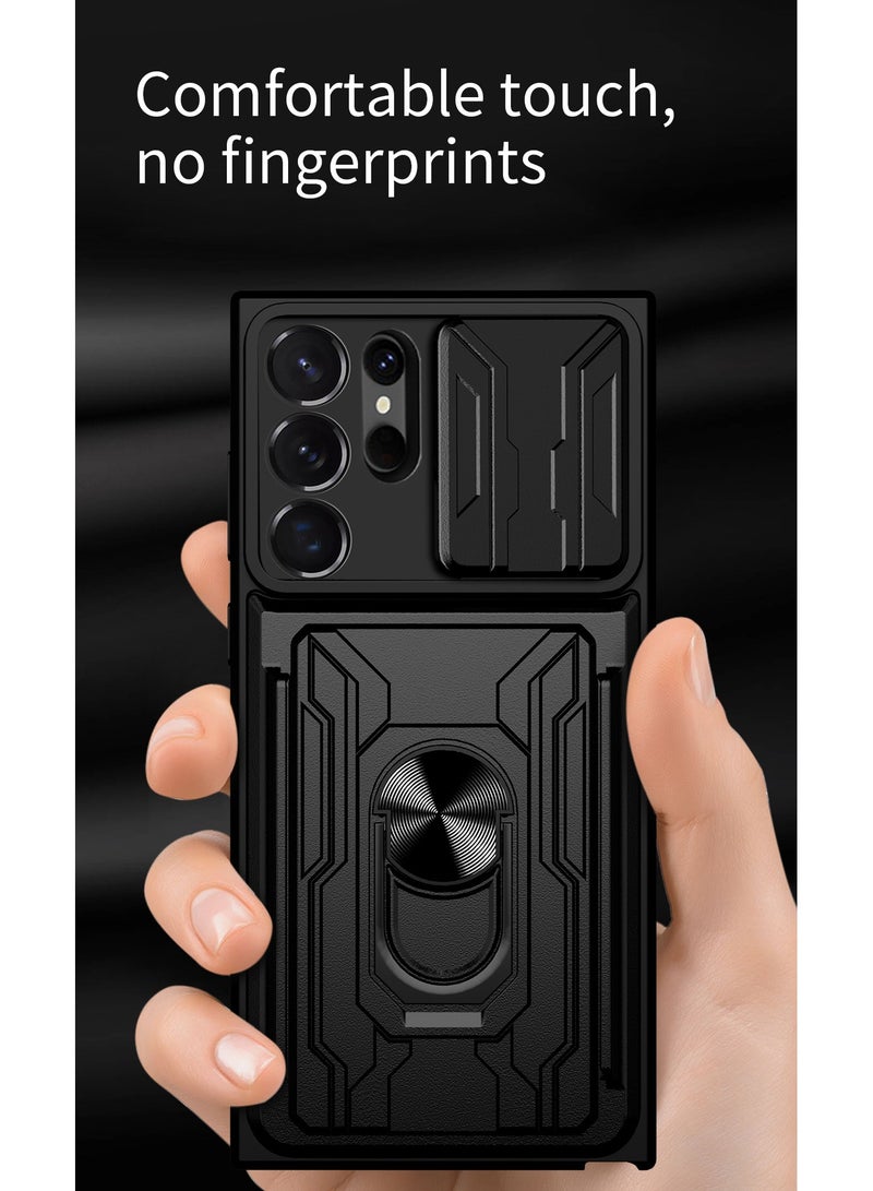 for Samsung Galaxy S24 Ultra Case, Card Holder & Slide Camera Lens Cover, Magnetic Ring Holder Kickstand Protective Phone Case for Samsung Galaxy S24 Ultra, Black - Image 4