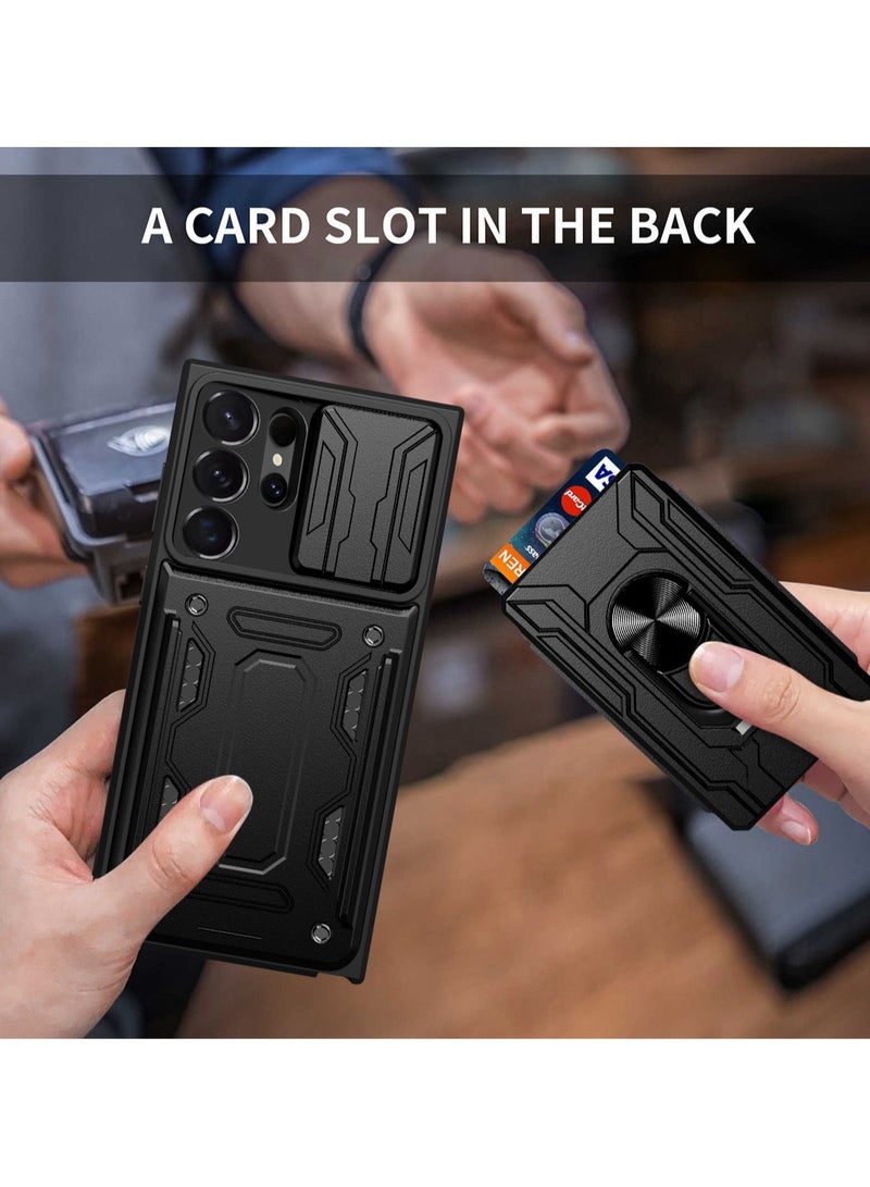for Samsung Galaxy S24 Ultra Case, Card Holder & Slide Camera Lens Cover, Magnetic Ring Holder Kickstand Protective Phone Case for Samsung Galaxy S24 Ultra, Black - Image 5